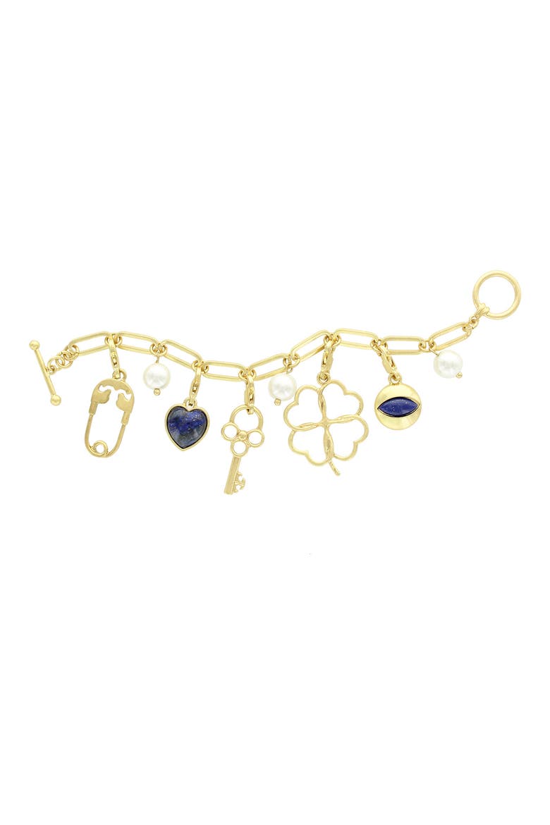 Imitation Pearl Mixed Charm Toggle Bracelet, Main, color, gold-blue