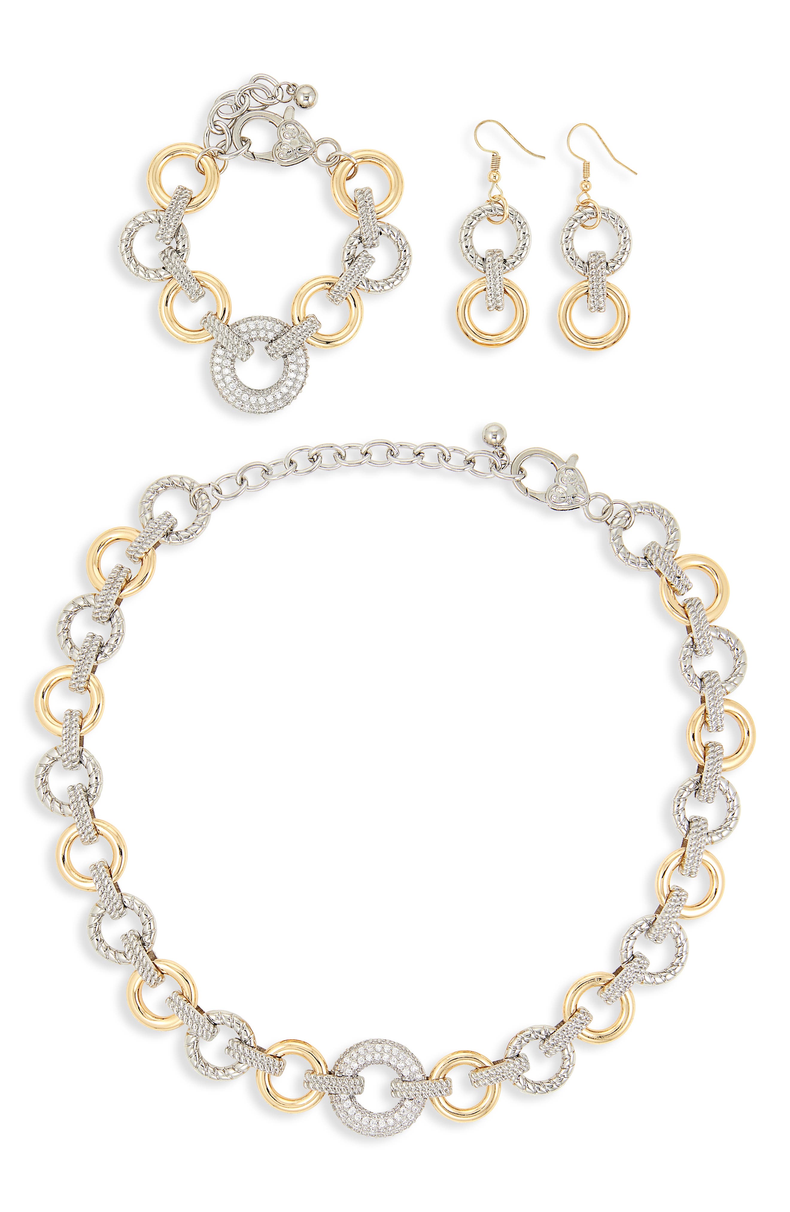 NATASHA Two-Tone Cubic Zirconia Necklace, Earrings & Bracelet Set