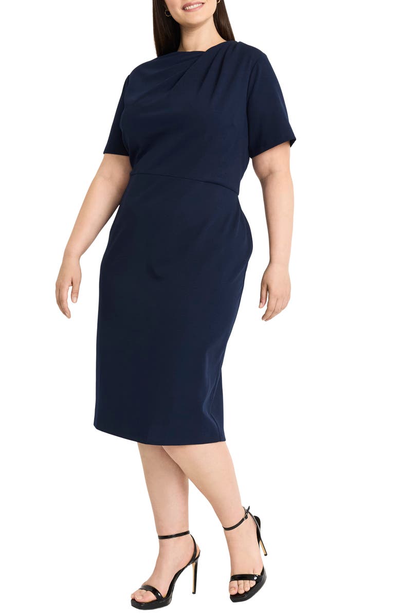 Maggy London Twist Neck Sheath Midi Dress, Alternate, color, Navy Blazer