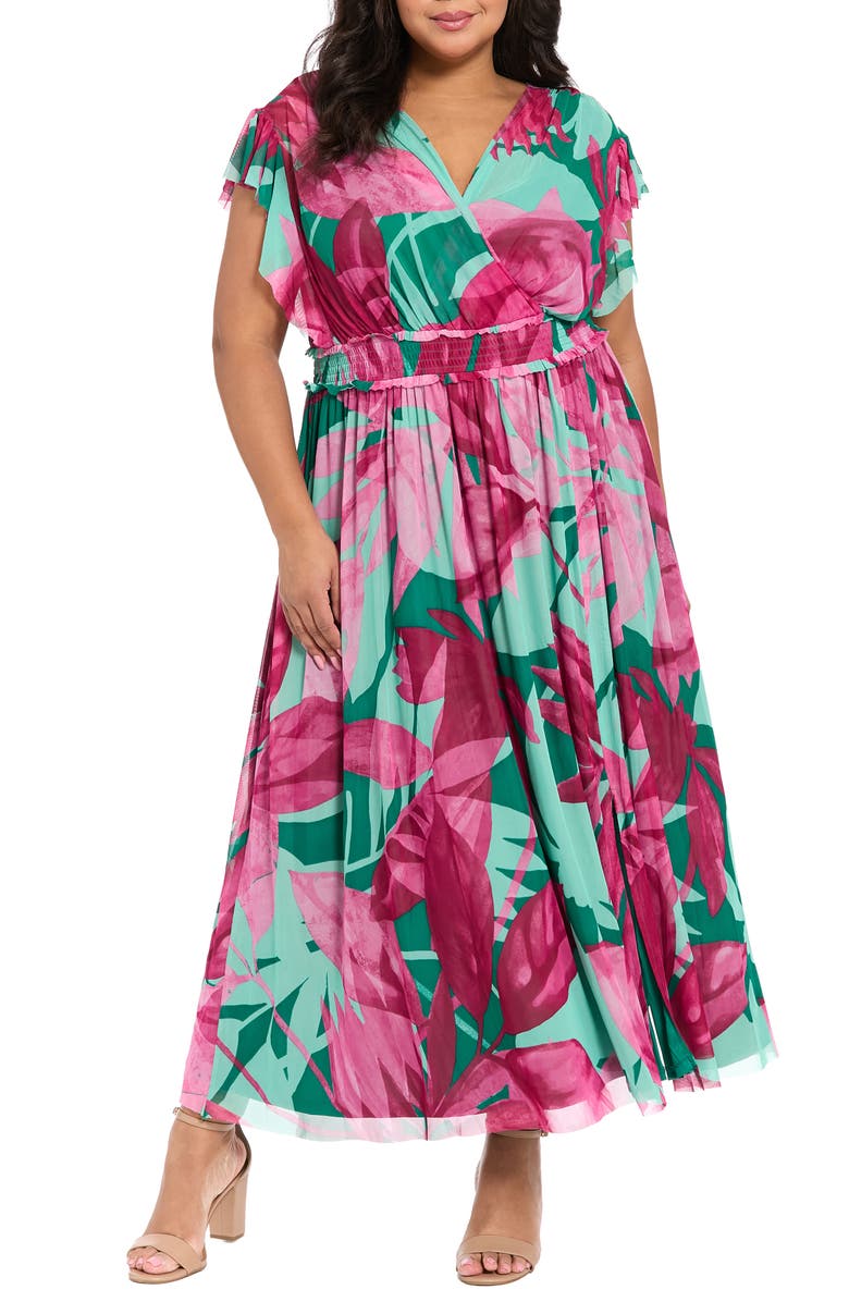 London Times Surplice Neck Tiered Minidress, Main, color, Green/ Pink