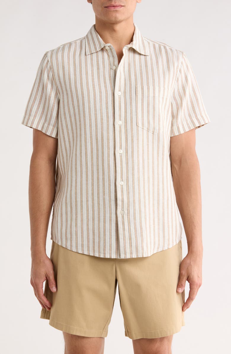 Nordstrom Short Sleeve Linen Blend Shirt, Main, color, Tan Arthur Stripe
