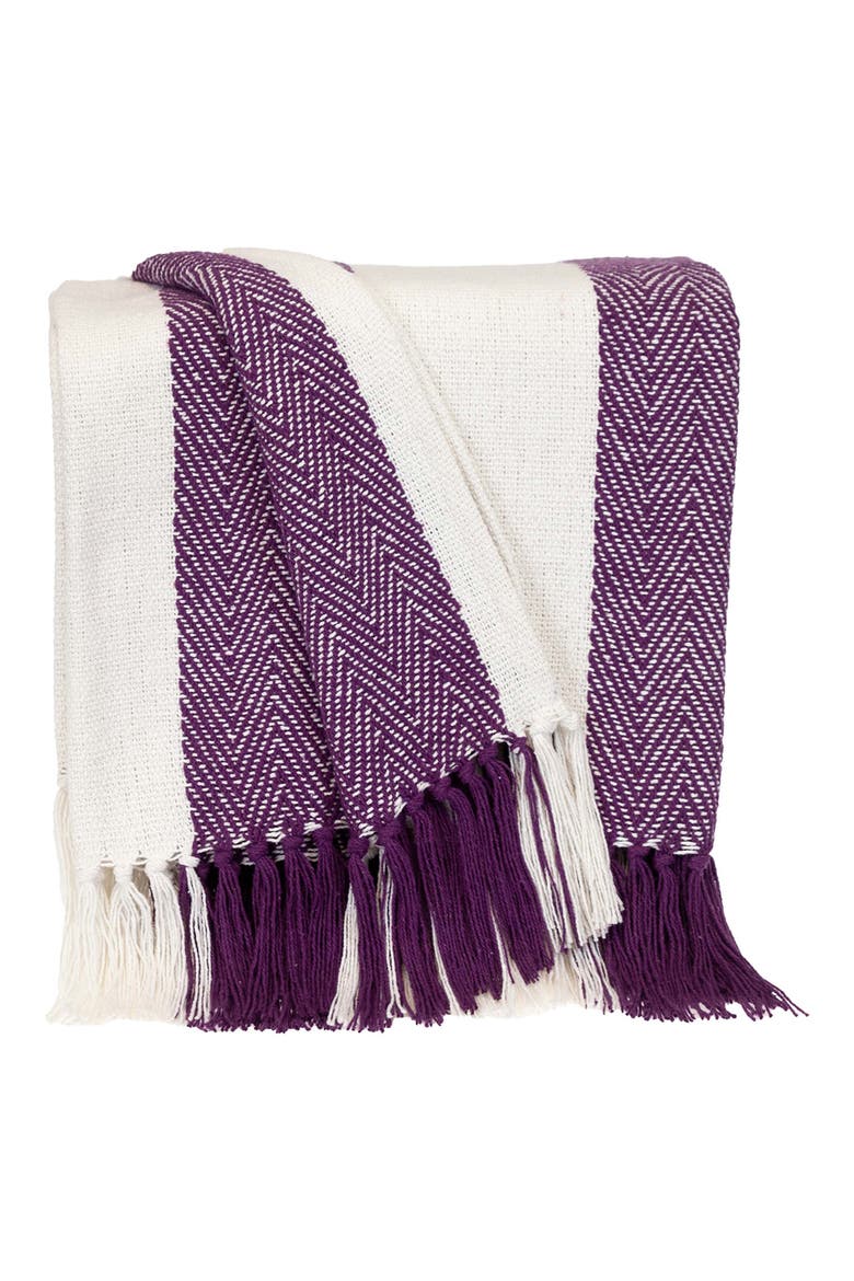 Archee Stripe Fringe Trim Cotton Throw Blanket, Main, color, PURPLE