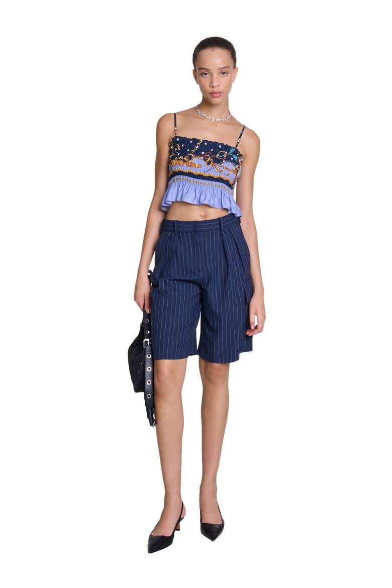 Printed smocked crop top, Main, color, Chain scarf print blue