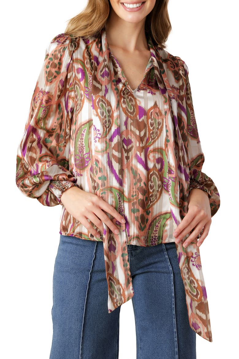 Paisley Tie Neck Long Sleeve Top, Main, color, CREAM BROWN