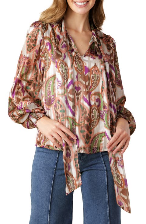 Paisley Tie Neck Long Sleeve Top