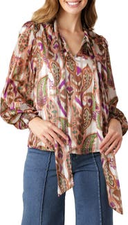 FLYING TOMATO Paisley Tie Neck Long Sleeve Top