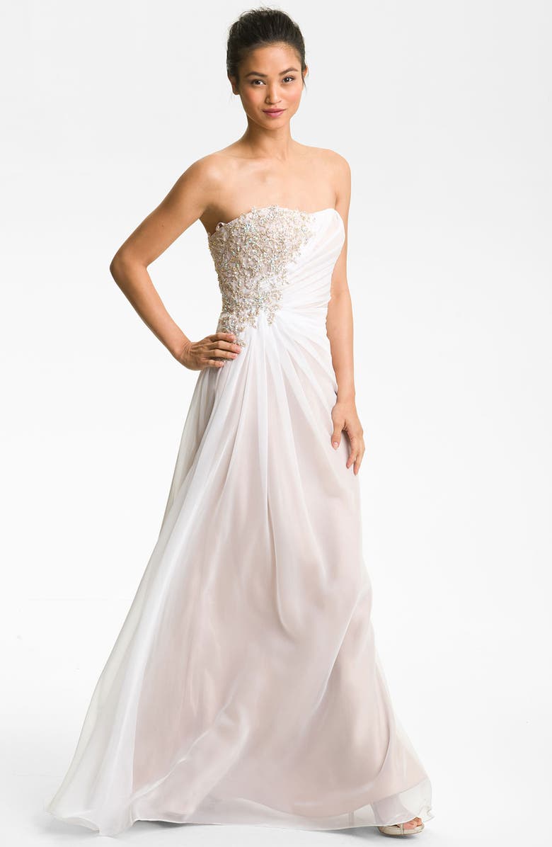 La Femme Embellished Strapless Chiffon Gown, Main, color, 