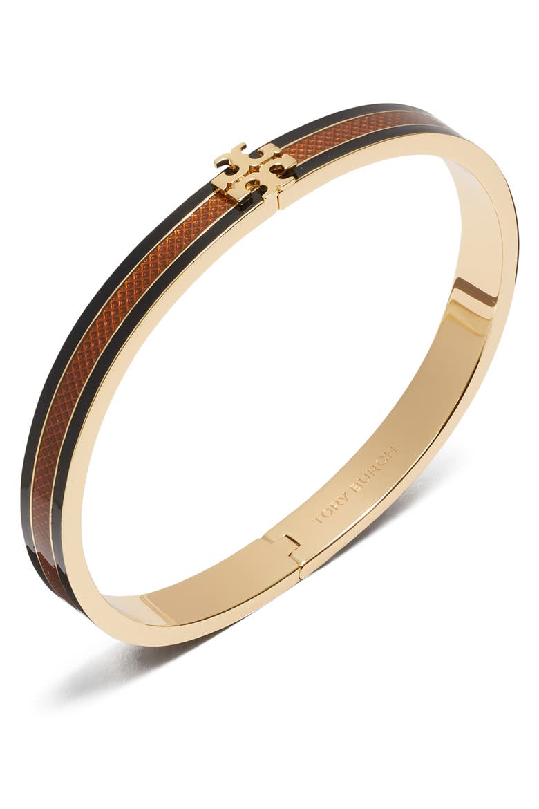 Kira Stripe Enamel Bangle, Alternate, color, TORY GOLD / BLACK / BROWN