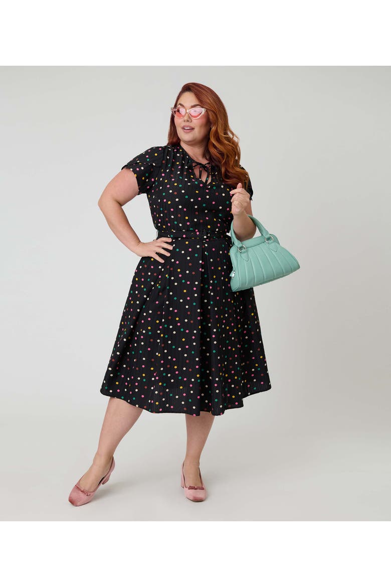 Plus Size Short Petal Sleeve Tie Neck Dahlia Swing Dress, Alternate, color, Black Pin Dot