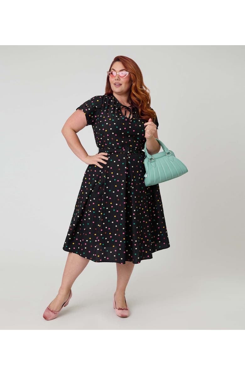 Unique Vintage Plus Size Short Petal Sleeve Tie Neck Dahlia Swing Dress, Alternate, color, Black Pin Dot