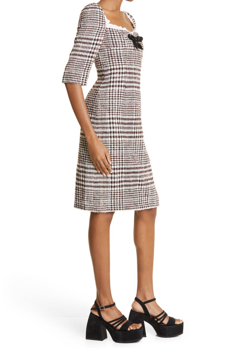 Lace Trim Check Cotton, Wool & Alpaca Blend Dress, Alternate, color, BROWN