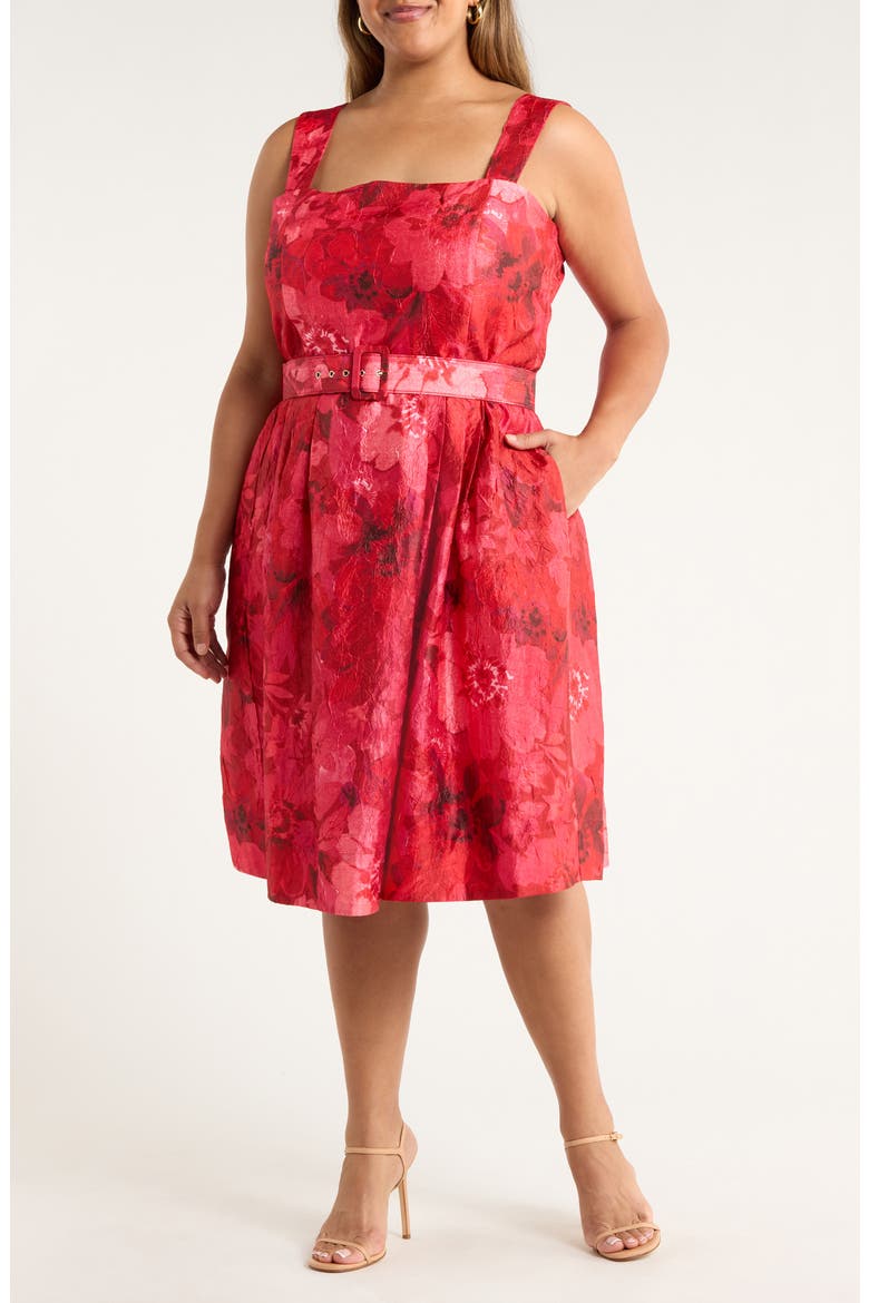Floral Print Crinkle Belted Dress, Main, color, CRIMSON