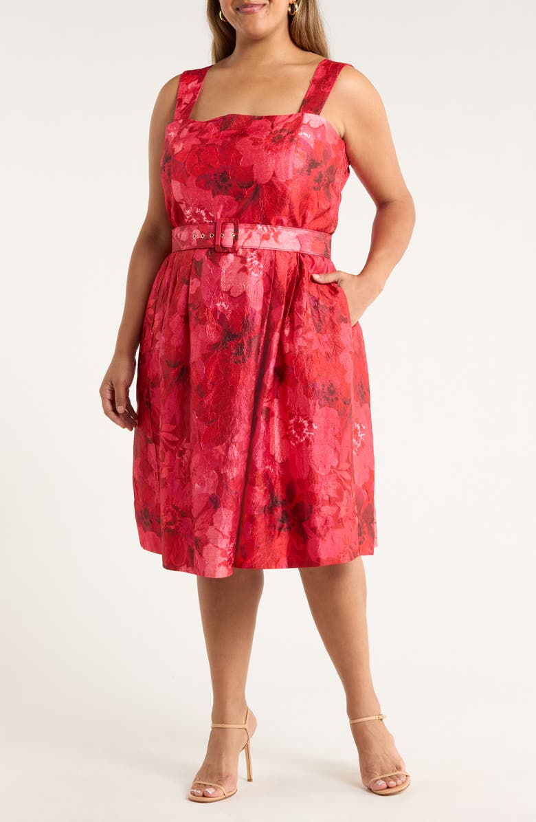 Tahari ASL Floral Print Crinkle Belted Dress, Main, color, Crimson