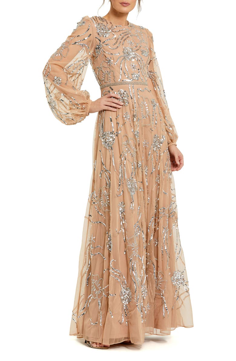 Mac Duggal Embellished High Neck Puff Sleeve Gown, Main, color, Nude Silver