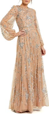 Mac Duggal Embellished High Neck Puff Sleeve Gown