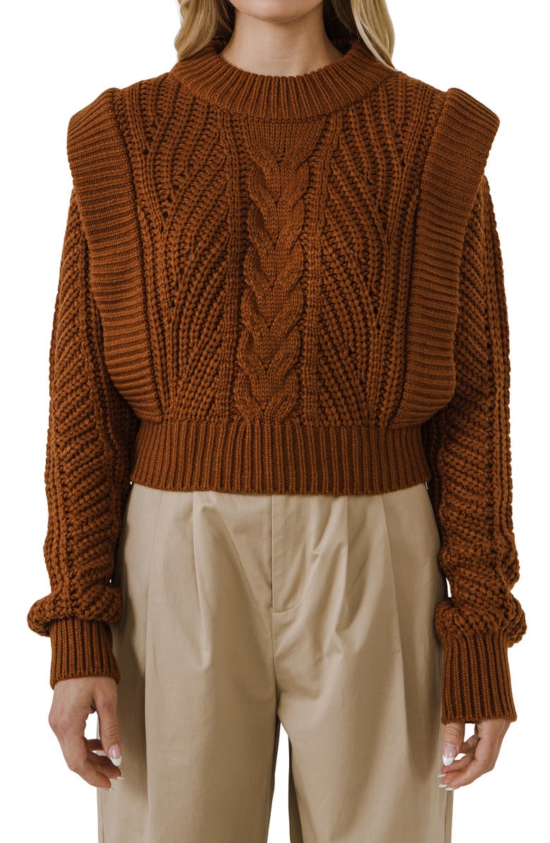 English Factory Ruffle Sweater, Alternate, color, Brown