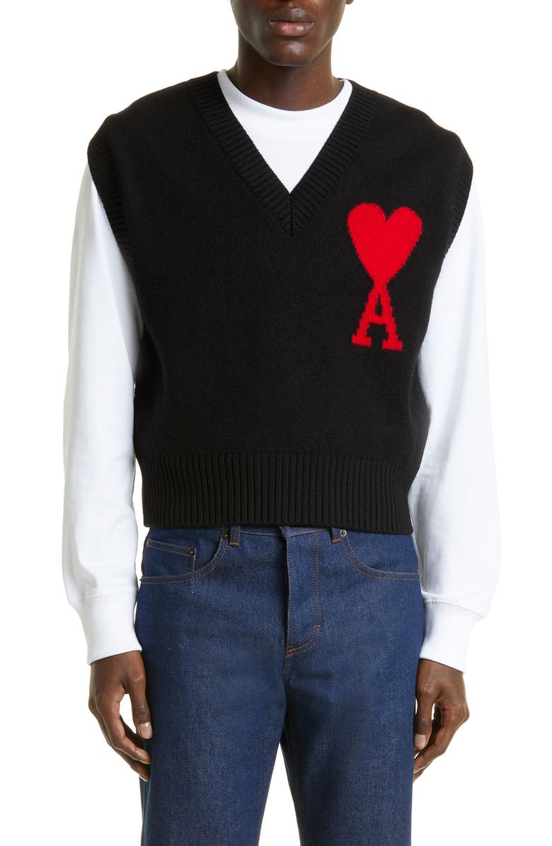 AMI PARIS Ami de Couer V-Neck Wool Sweater Vest, Main, color,