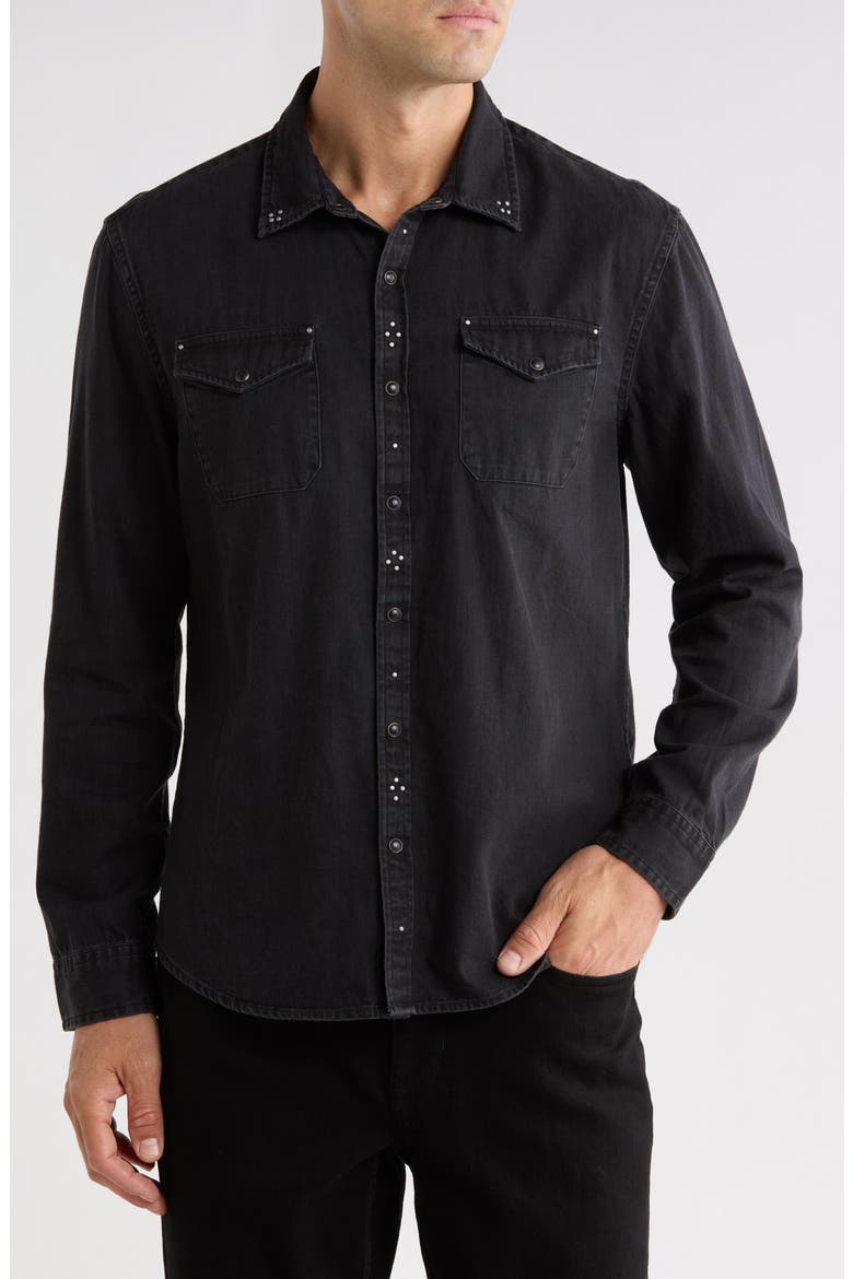 Marshall Studded Coated Cotton Denim Snap-Up Western Shirt, Main, color, BLACK