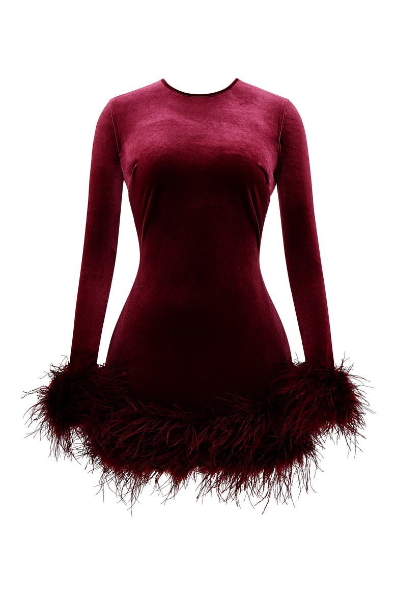 Lavinia Feather Trim Long Sleeve Velvet Body-Con Cocktail Minidress, Alternate, color, MULBERRY