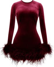 HOUSE OF CB Lavinia Feather Trim Long Sleeve Velvet Body-Con Cocktail Minidress