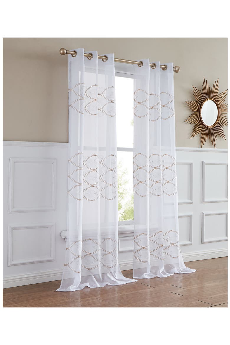 Set of 2 Print Sheer Curtain Panels, Main, color, WHITE GOLD