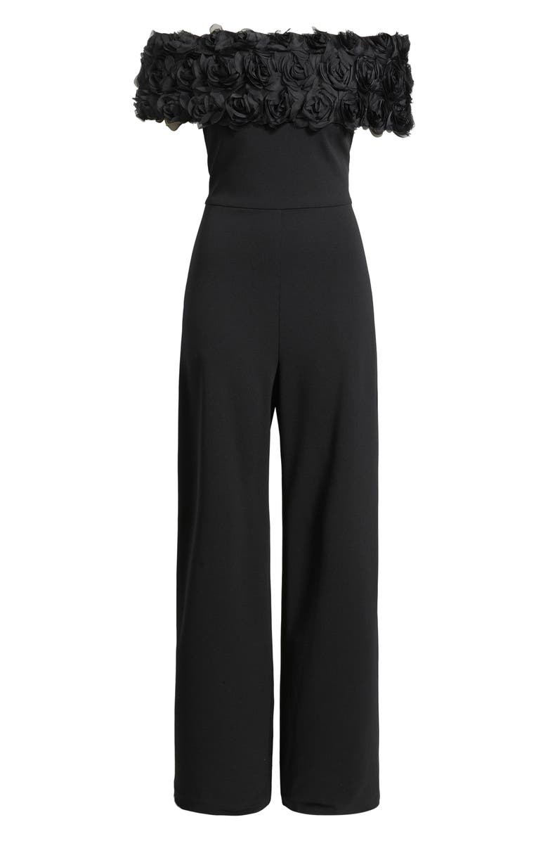 Eliza J Rosette Off the Shoulder Wide Leg Jumpsuit, Main, color, Black