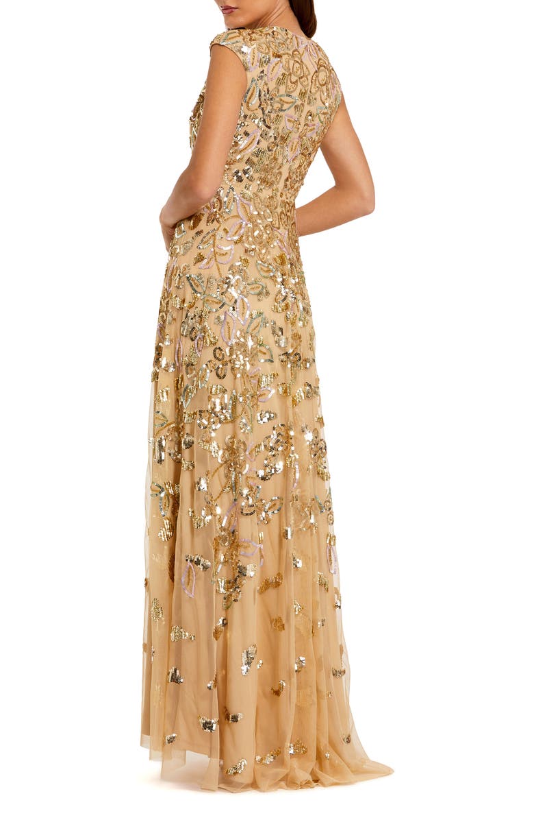 Mac Duggal Sequin Mesh High Neck Cap Sleeve A Line Gown, Main, color, Gold Multi