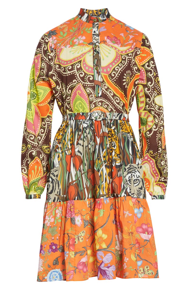 Gucci Mussola Patchwork Print Long Sleeve Cotton Dress, Alternate, color, 
