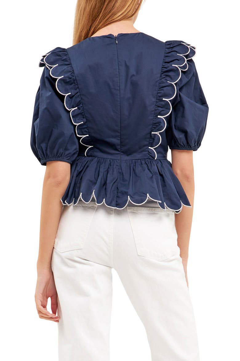 Contrast Scalloped Trim Cotton Top, Alternate, color, NAVY/WHITE