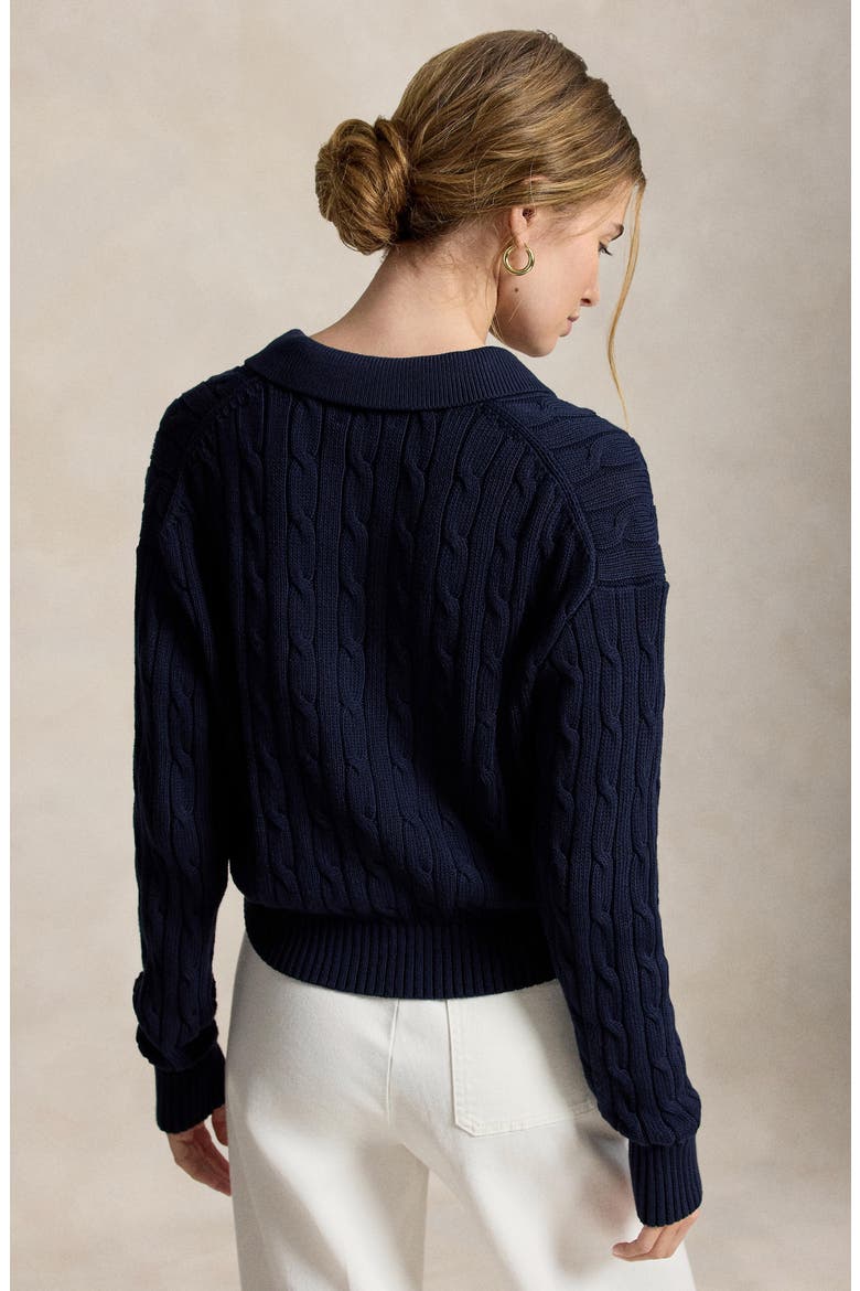 Cable Cotton Polo Collar Cardigan, Alternate, color, HUNTER NAVY