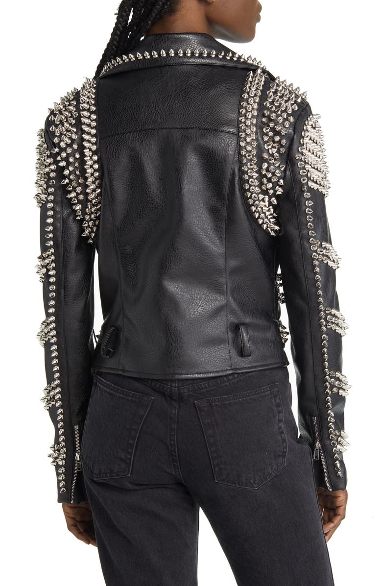 AZALEA WANG Spike Belted Faux Leather Moto Jacket, Alternate, color, Black