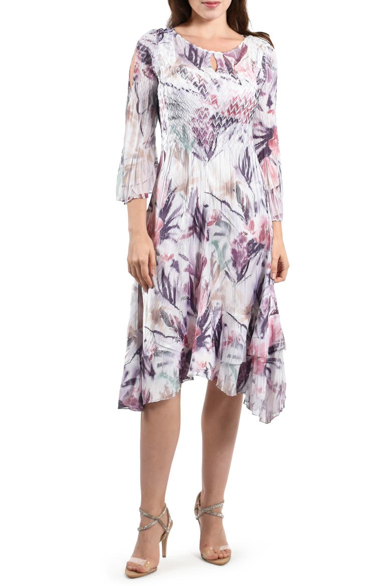 Floral Slit Shoulder Chiffon & Charmeuse Cocktail Midi Dress, Main, color, PURPLE PALM