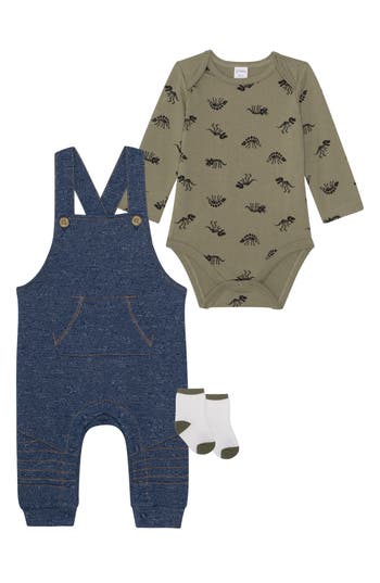 Pl Baby By Petit Lem Overalls, Bodysuit & Socks Set In Dino