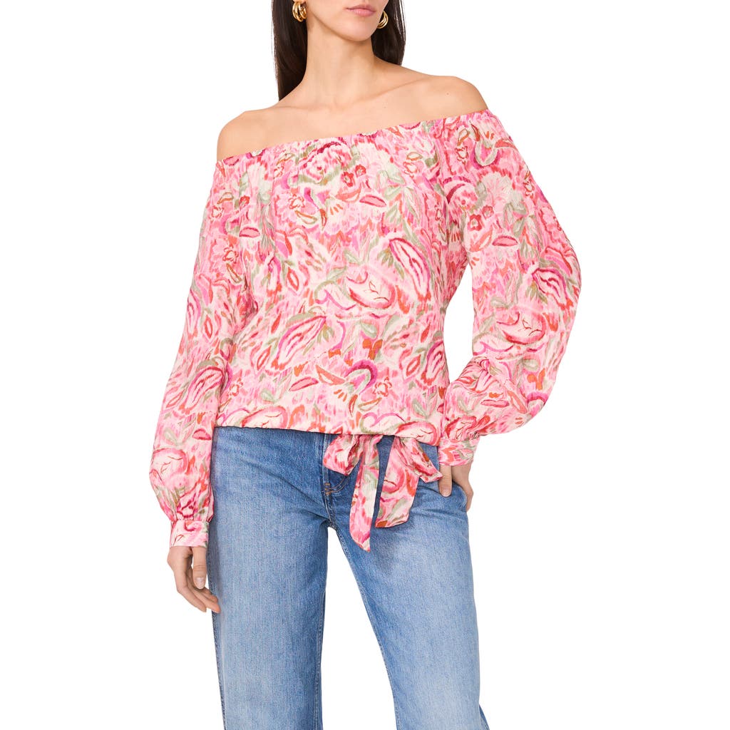 VINCE CAMUTO VINCE CAMUTO FLORAL OFF THE SHOULDER TIE HEM TOP