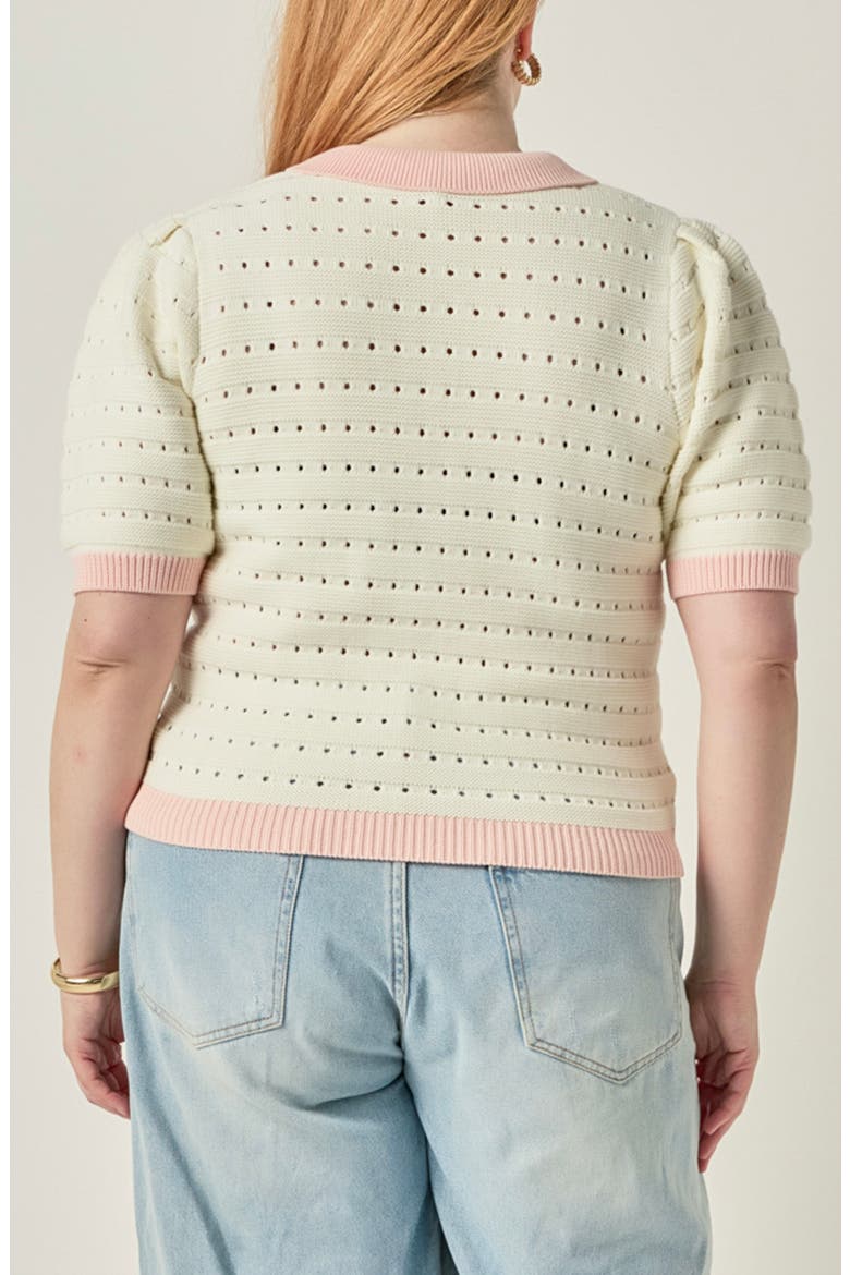 Colorblock Pointelle Short Sleeve Polo Sweater, Alternate, color, IVORY/ PINK