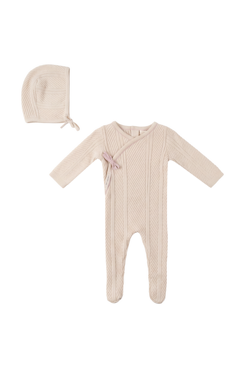 Girl Lace Textured Cotton Wrap Romper with Bonnet, Main, color, Natural/Petal
