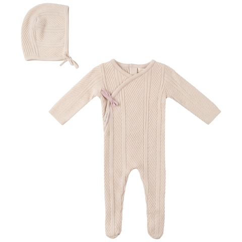 Lace Textured Knit Wrap Romper with Bonnet