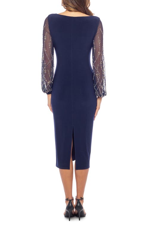 Marina Ity Ruched Long Sleeve Midi Cocktail Dress In Navy