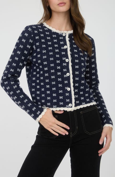 Bow Patterned Scalloped Crop Cardigan