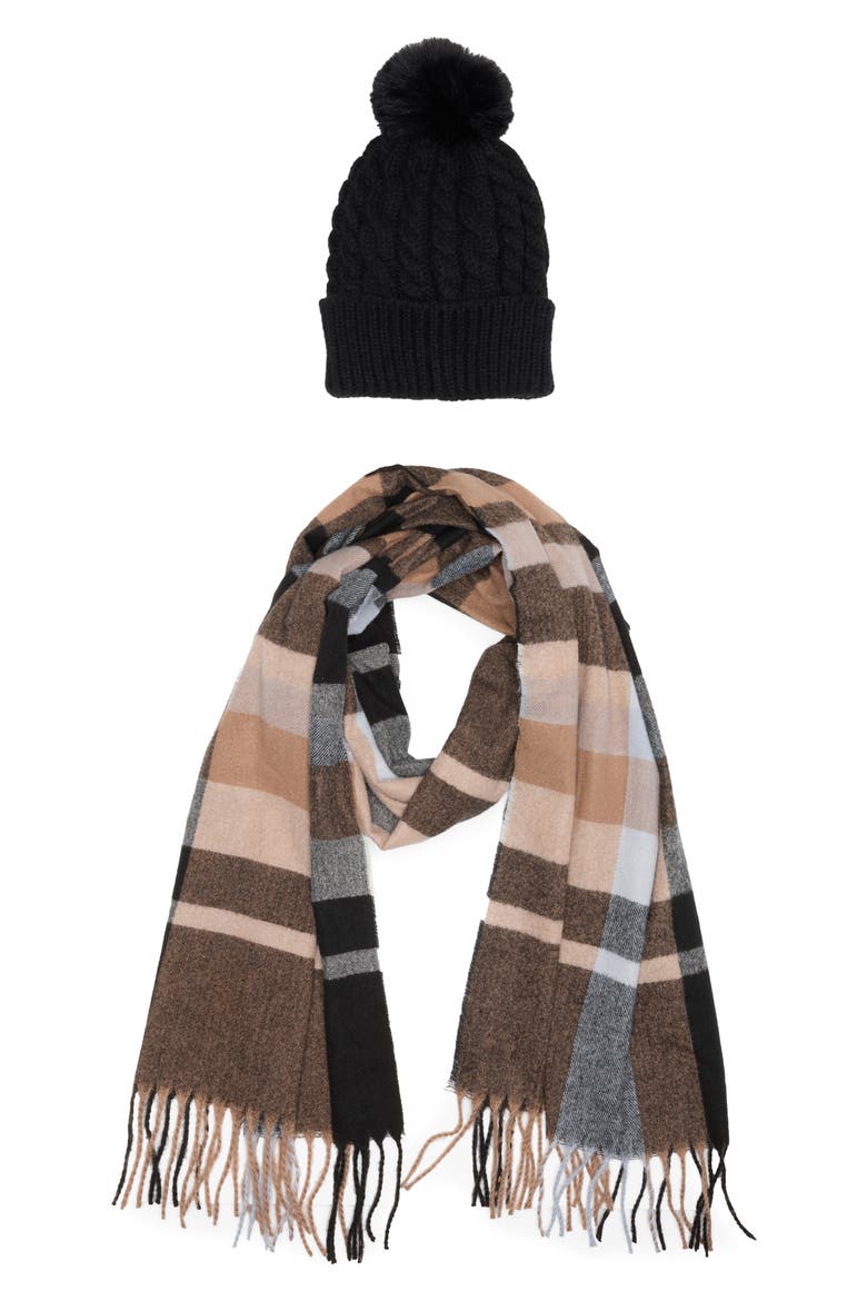 Plaid Fringed Scarf, Main, color, BLACK