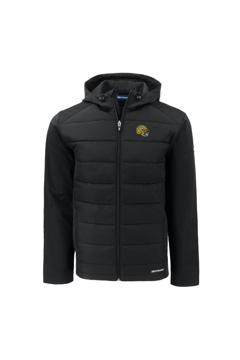 Men's Cutter & Buck Black Green Bay Packers Helmet Evoke Hybrid Eco Softshell Recycled Full-Zip Hoodie Jacket, Alternate, color, Black