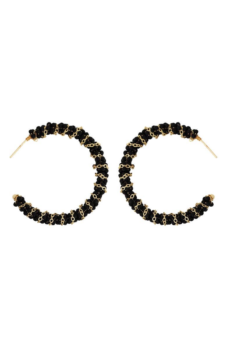 Panacea Onyx Bead & Chain Wrapped Hoop Earrings, Main, color, Black