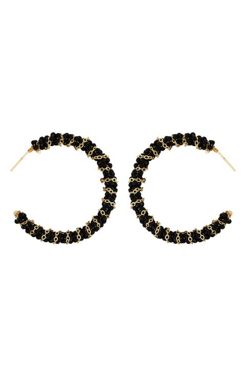 Onyx Bead & Chain Wrapped Hoop Earrings