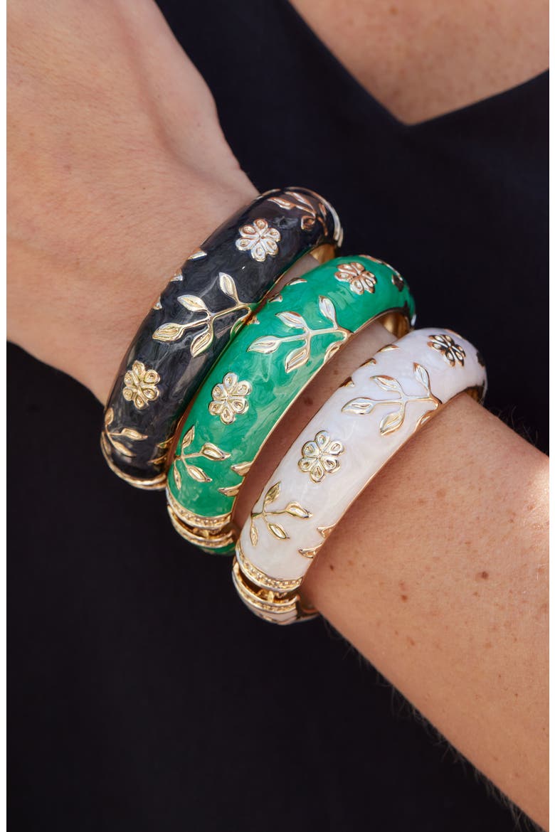 Enameled Floral Hinge Bangle Bracelet, Alternate, color, BLACK
