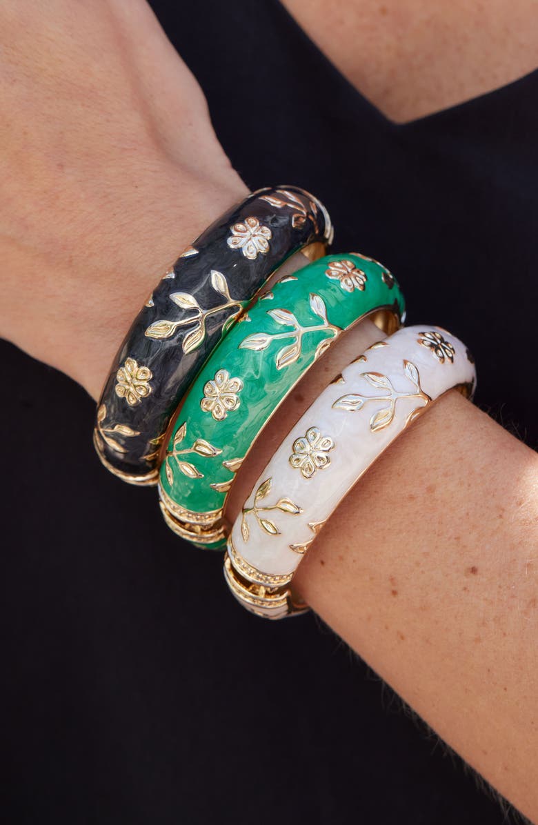 SAVVY CIE JEWELS Enameled Floral Hinge Bangle Bracelet, Alternate, color, Black
