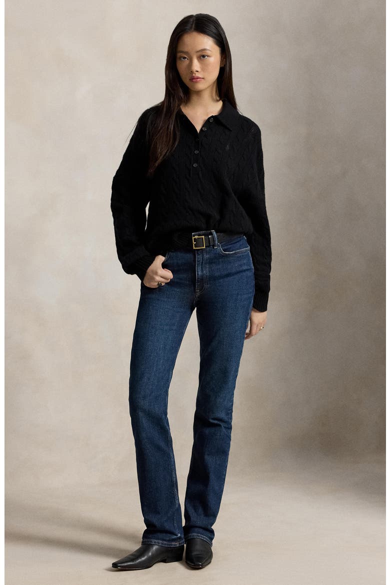 Cable Wool & Cashmere Polo Collar Sweater, Alternate, color, BLACK