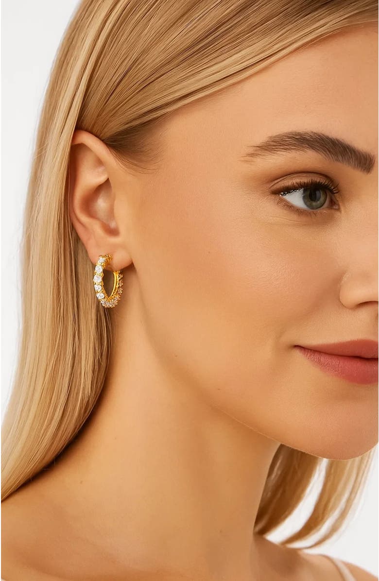 DLORIA Radiant Glamour Huggie Hoop Earrings Embellished with Sparkling Cubic Zirconia, Alternate, color,
