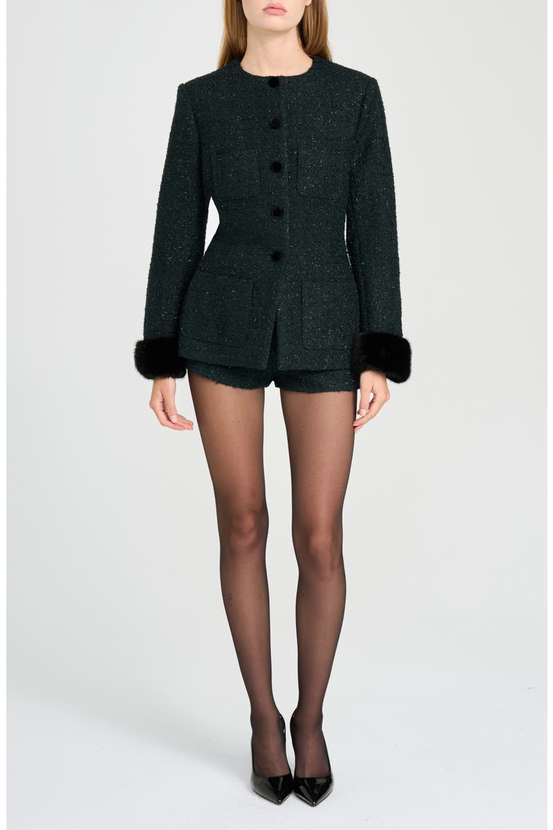 x Rose Lola Bleecker Bouclé Jacket with Faux Fur Cuffs, Alternate, color, EMERALD