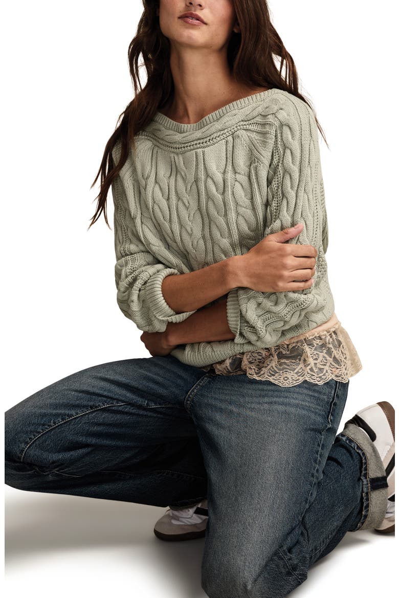 Cable Stitch Boat Neck Cotton Sweater, Alternate, color, AQUA GRAY