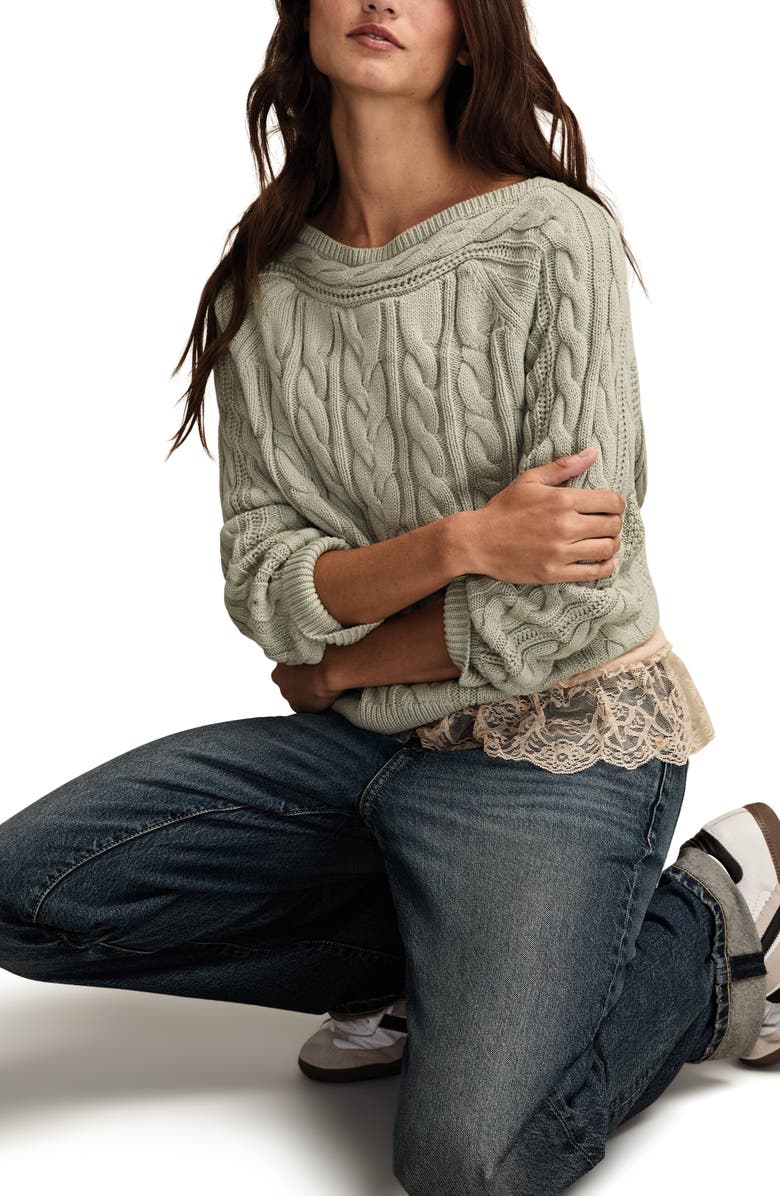 Lucky Brand Cable Stitch Boat Neck Cotton Sweater, Alternate, color,